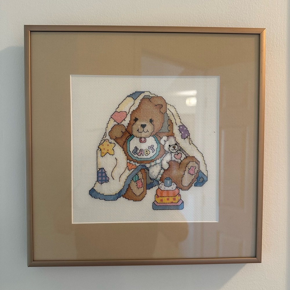 Gold Framed/Glass Handmade Cross Stitch Teddy Bear with Blanket - Pastel Colors